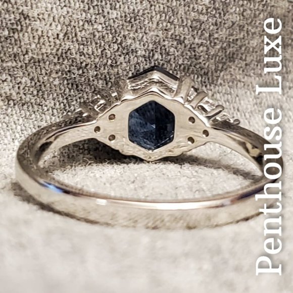 SOLID 925 Sterling Silver London Blue Topaz Hexagon White Topaz Ring - Picture 5 of 8